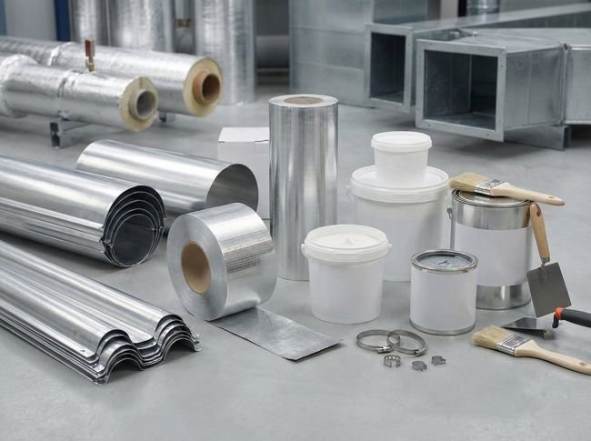 Conjunto de accesorios para instalación de aislamientos que incluye rollos de cubierta de aluminio, latas de adhesivo y mastic, cintas de sellado y herramientas de aplicación.