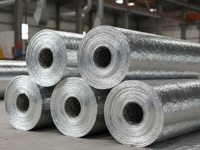 Rollos de aislante térmico reflectivo con acabado de aluminio brillante para control de temperatura en techos y muros industriales.