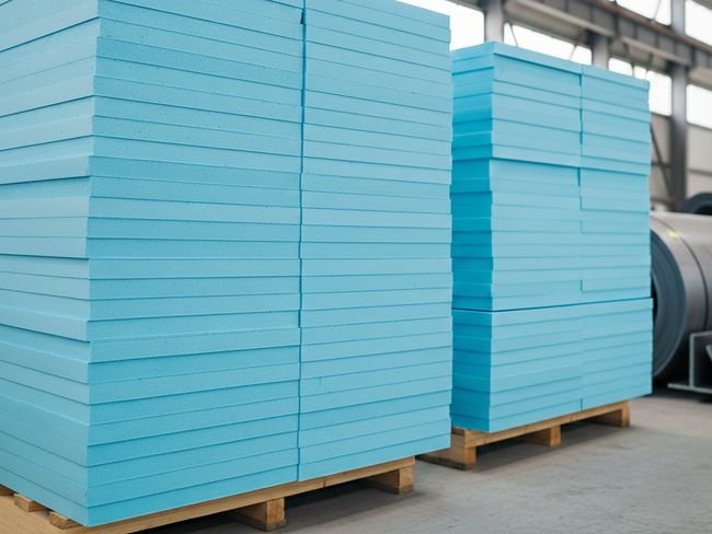 Paneles rígidos de poliestireno extruido de color azul claro, apilados en un almacén, con bordes lisos y uniformes, mostrando su densidad y resistencia para aislamiento térmico.